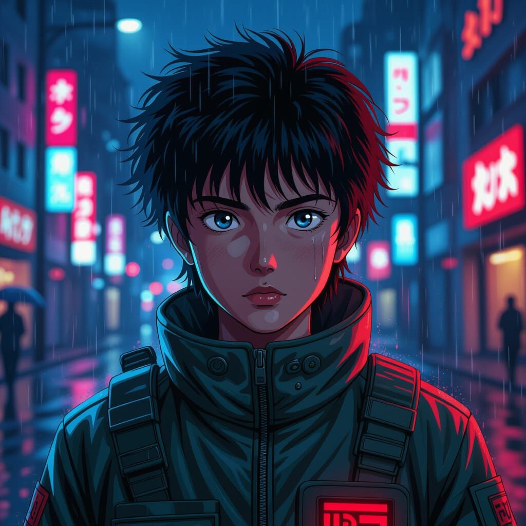 Anime Art of Akira in Neon Rain - 90s Style