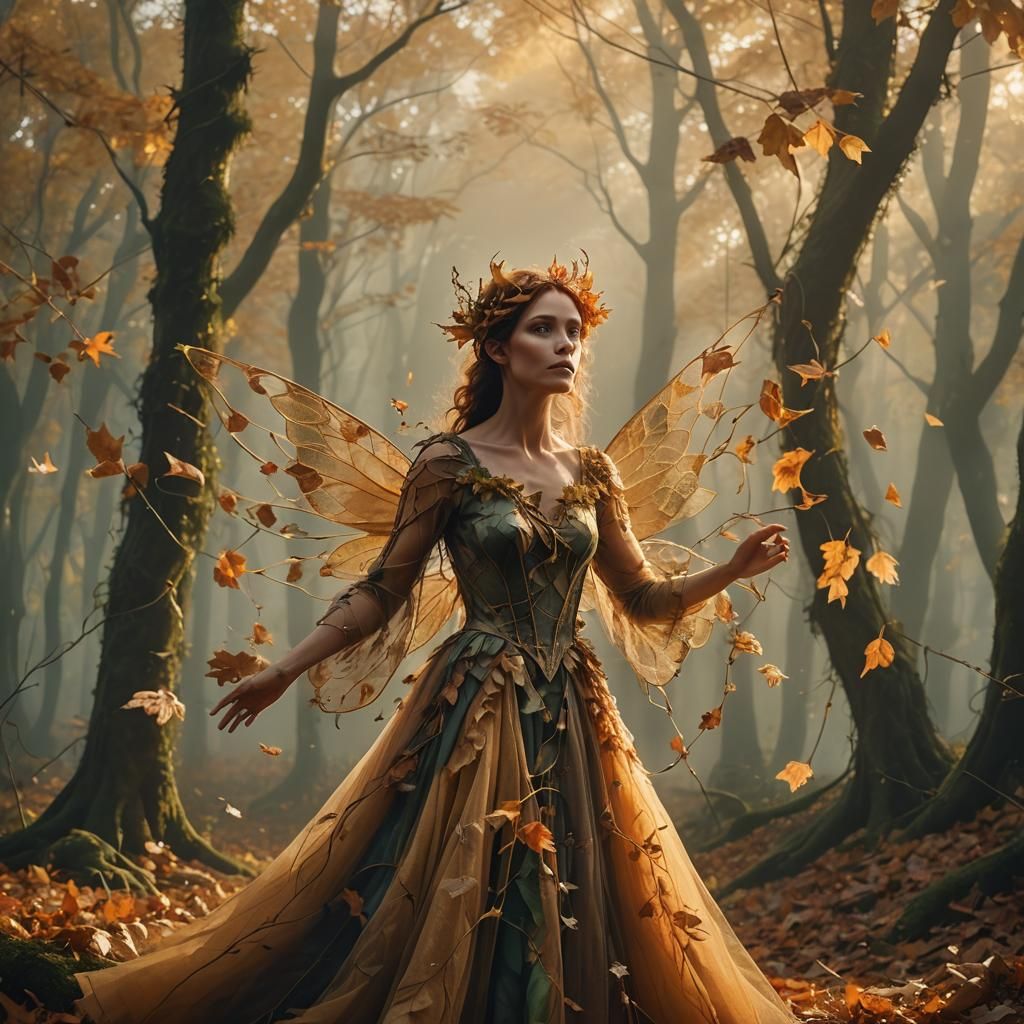 Autumn Fae in Misty Forest: Cinematic Digital Art