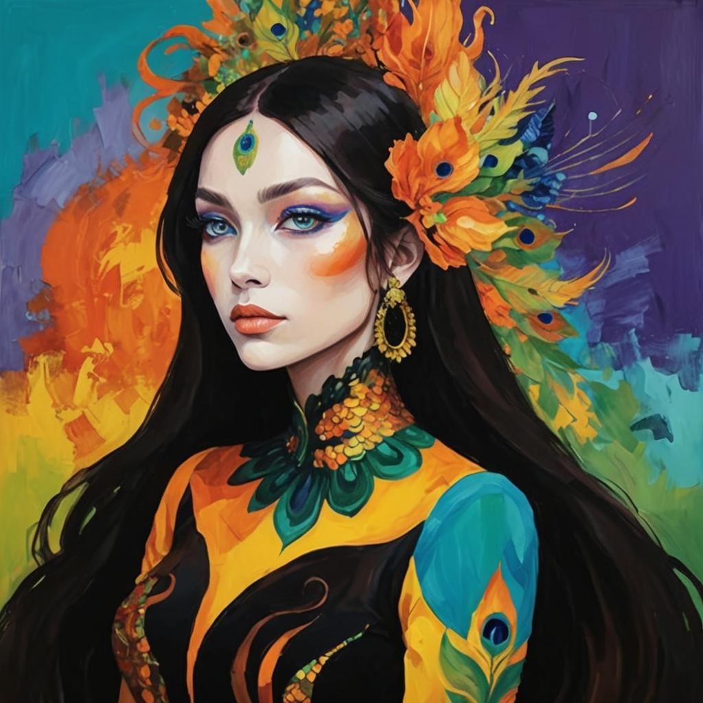 Dragon-Peacock Woman Portrait in Abstract Expressionism Styl...