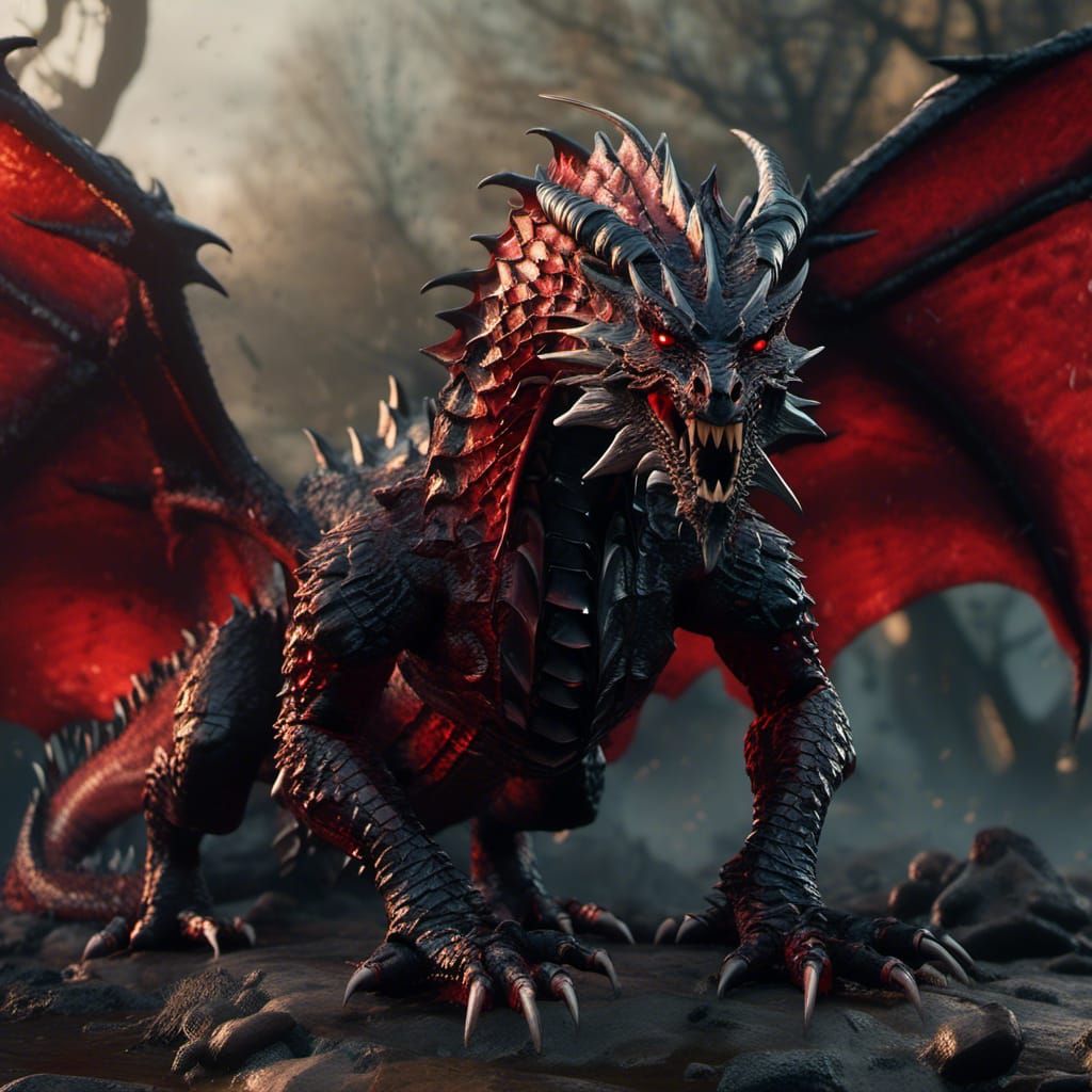 Menacing Red and Black Dragon in 3D Liquid Render