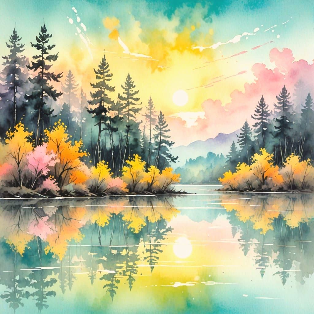 Pastel Neon Dreamscape: Ethereal Forest Lake