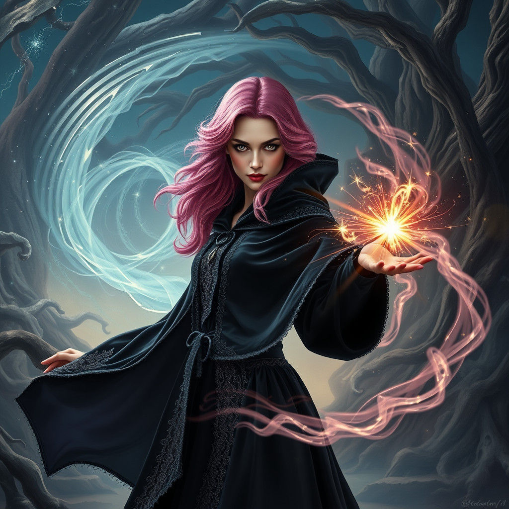 Mystical Magician Conjuring Illusion in Ancient Forest