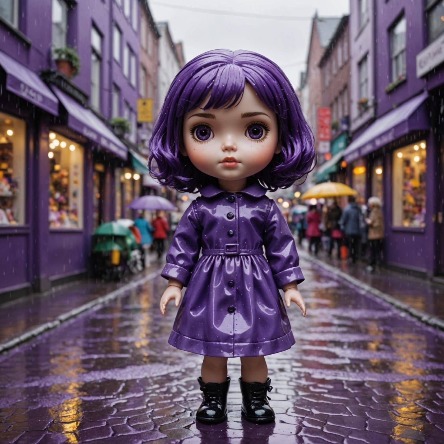 Purple Porcelain Doll in Heavy Rain on Toy Street