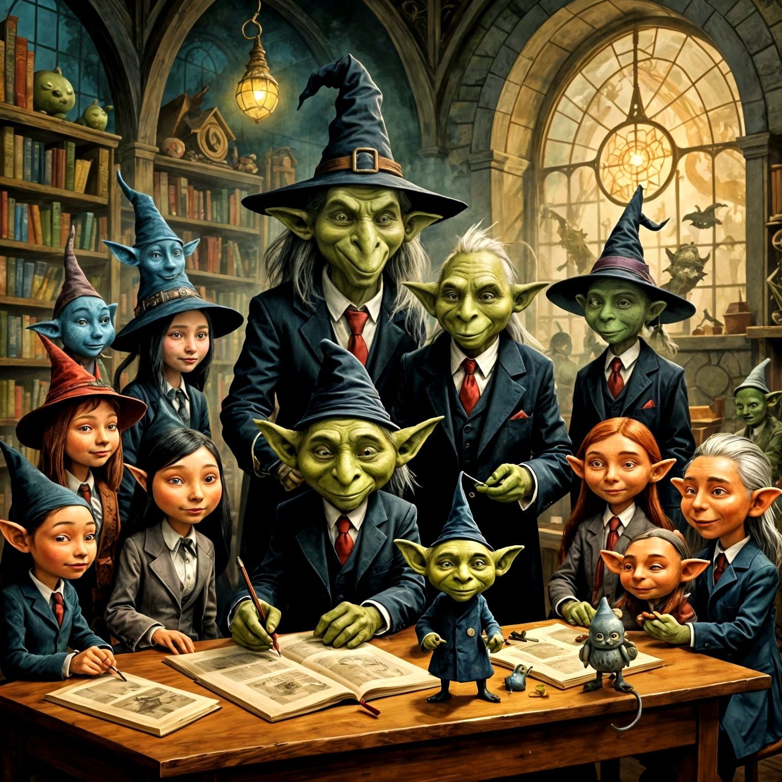 Whimsical Witches' Classroom with Troll Teacher