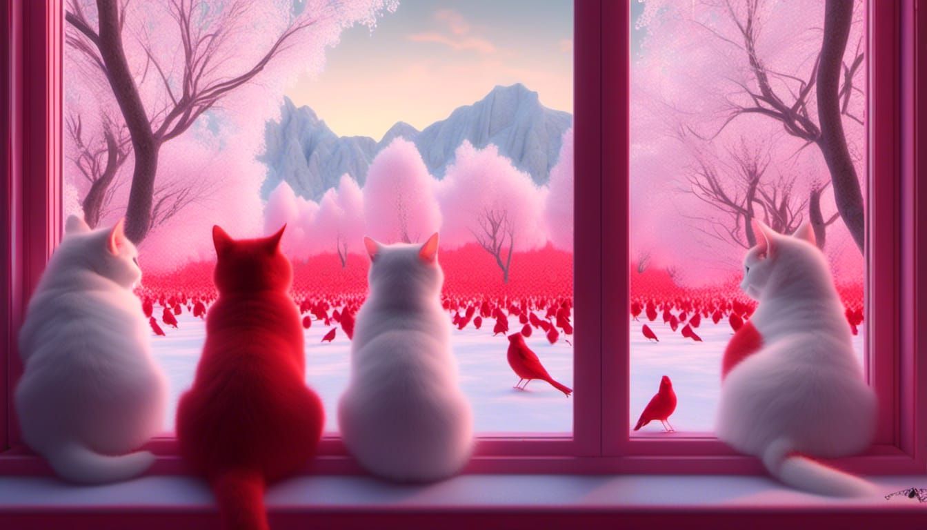 <lora:paragon:1.0>  cute cats looking out the window, winter scene,red birds diamond