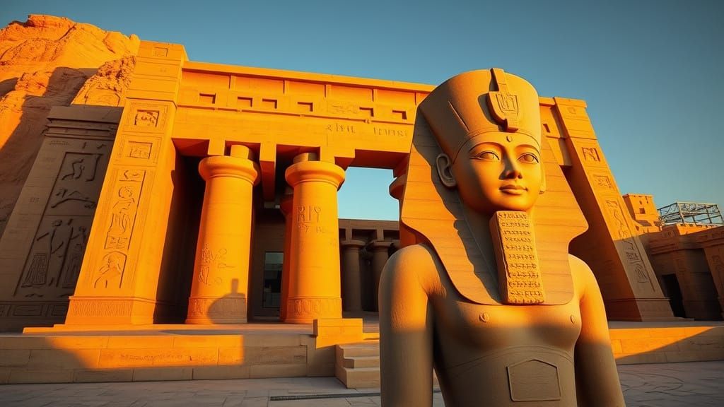 Golden Hour at Temple of Queen Hatshepsut with Regal Figure