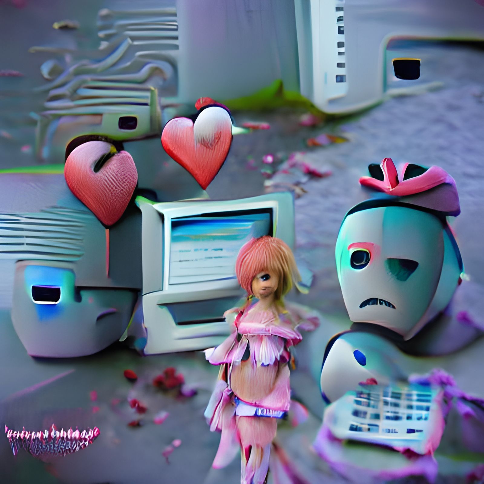 Sad Robot in Vaporwave Style: Digital Heartbreak