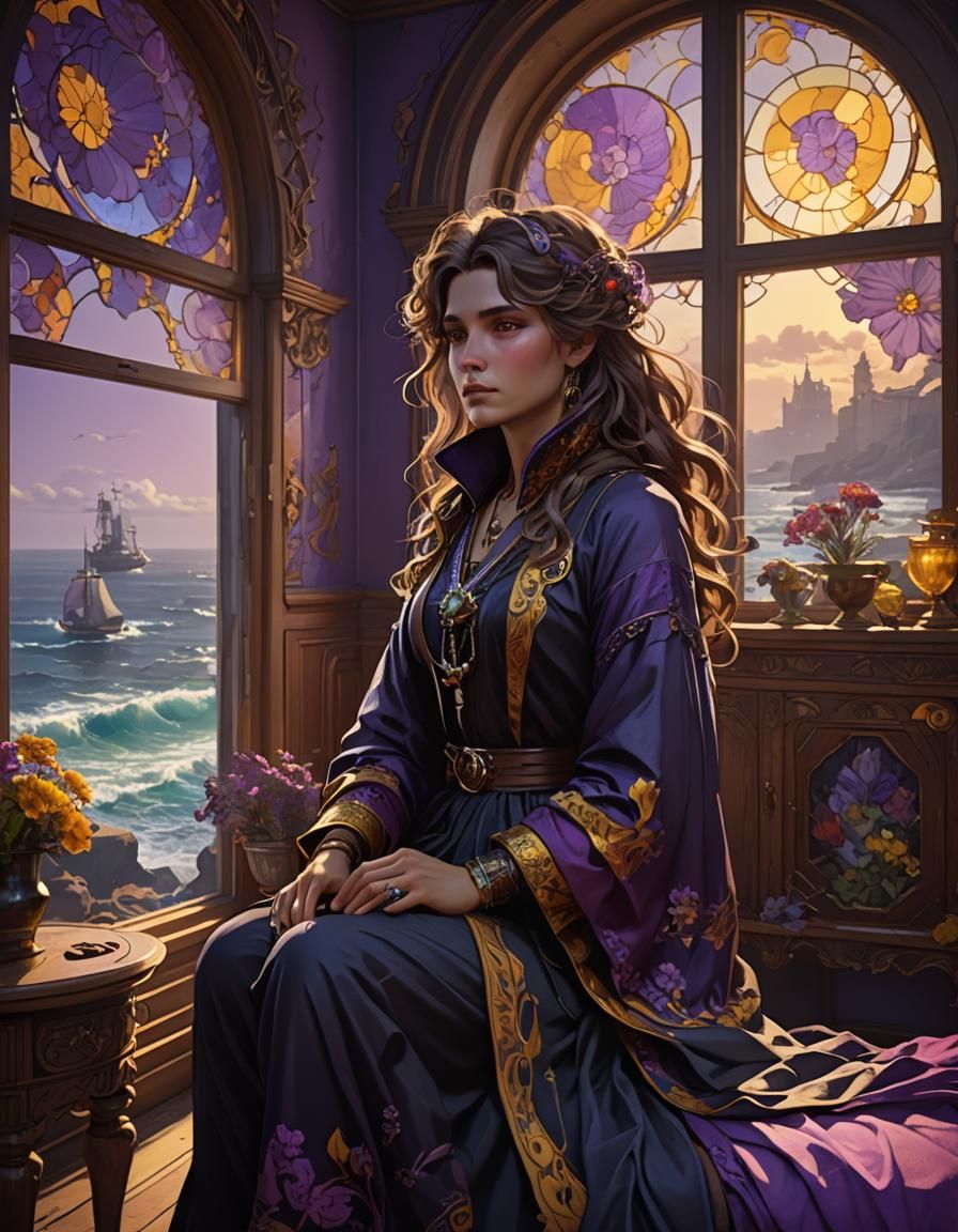 Dark Fantasy Bedroom with Sea View, Art Nouveau Style