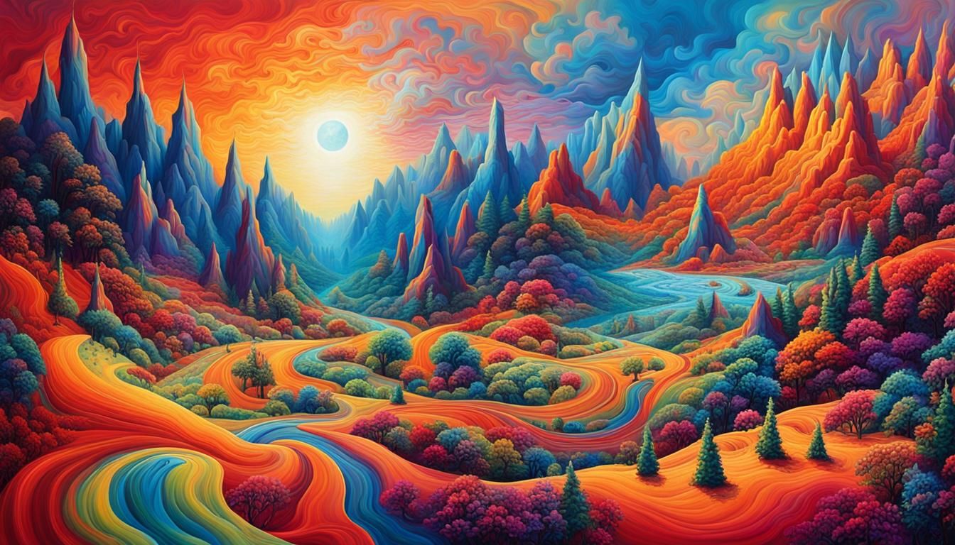 Psychedelic Dreamscape with Iridescent Light and Surreal Cre...