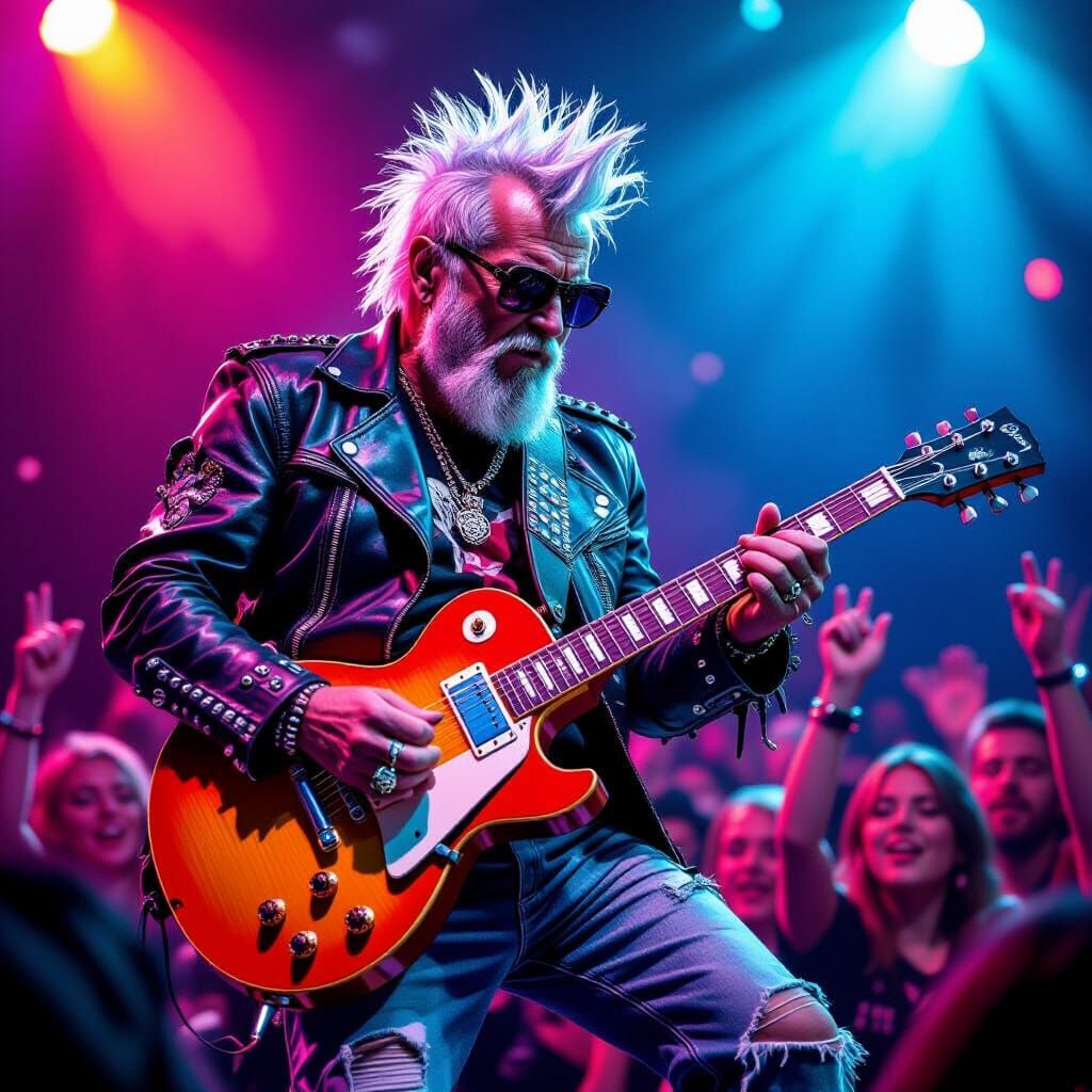 Elderly Punk Rocker Shreds Guitar in Neon Light