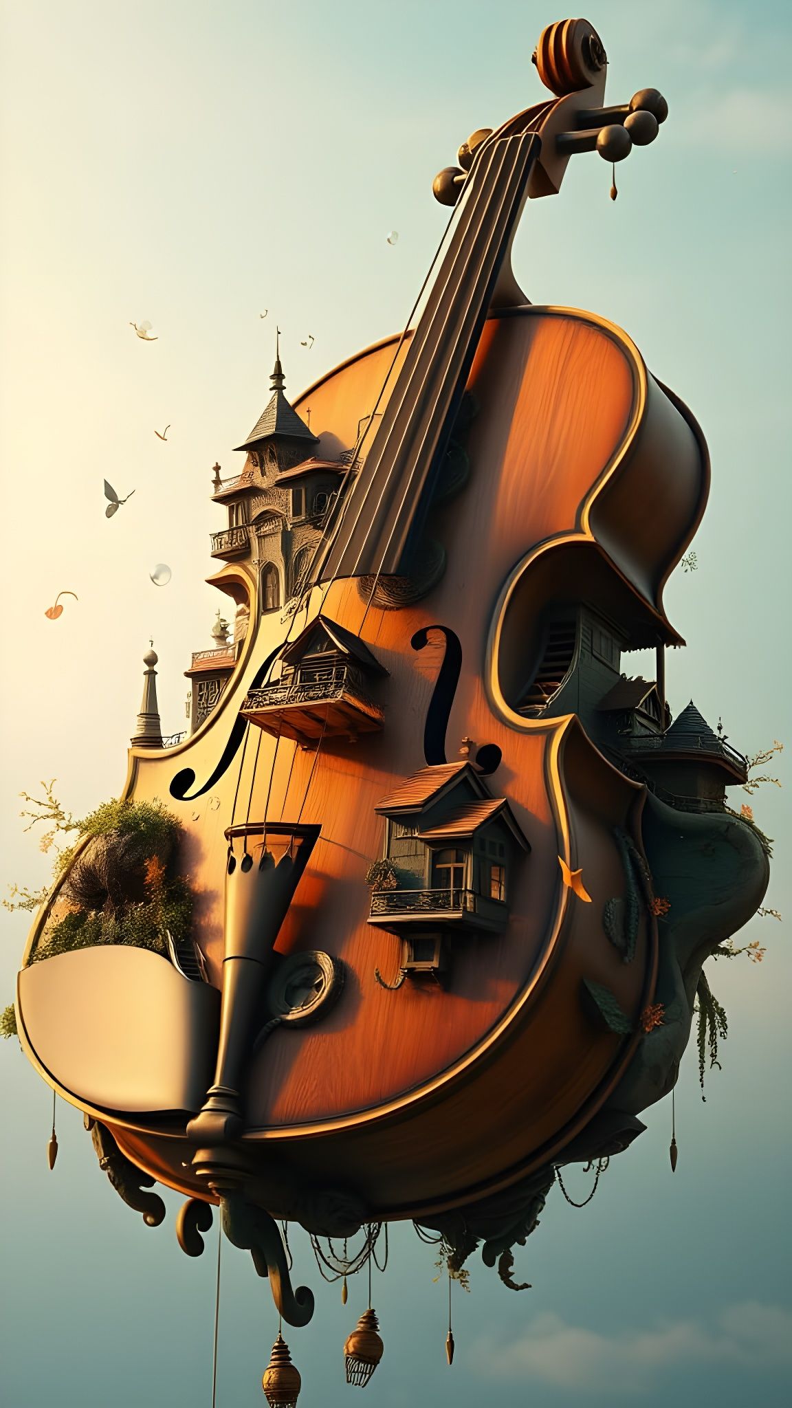 Surreal Floating Island of Whimsical Houses and Violin