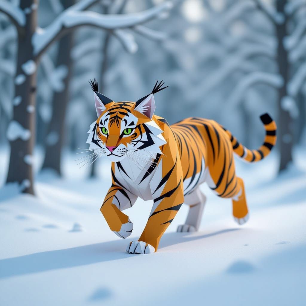 Tiger-Lynx Runs Through Snowy Forest in Origami Style