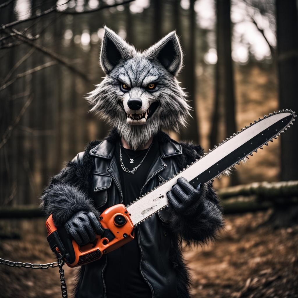 Emo Wolf Fursuit with Chainsaw, Hyperrealistic Image