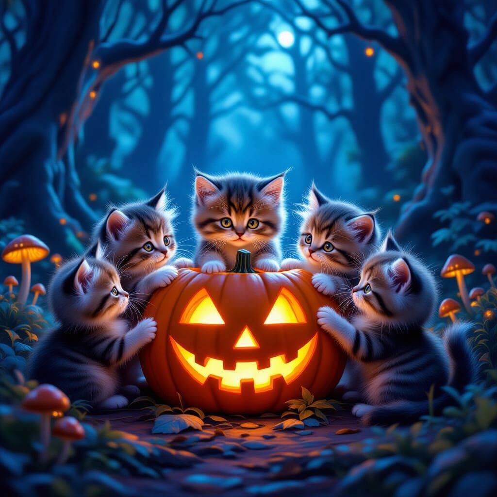 Kittens Around Glowing Jack-o'-Lantern in Enchanted Forest