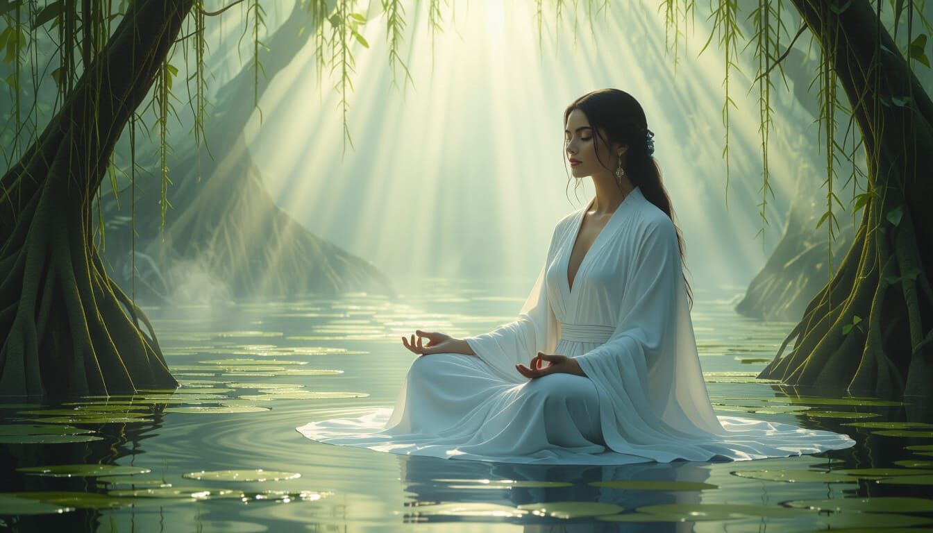 Serene Woman Meditating in Mystical Swamp, Hyperrealism