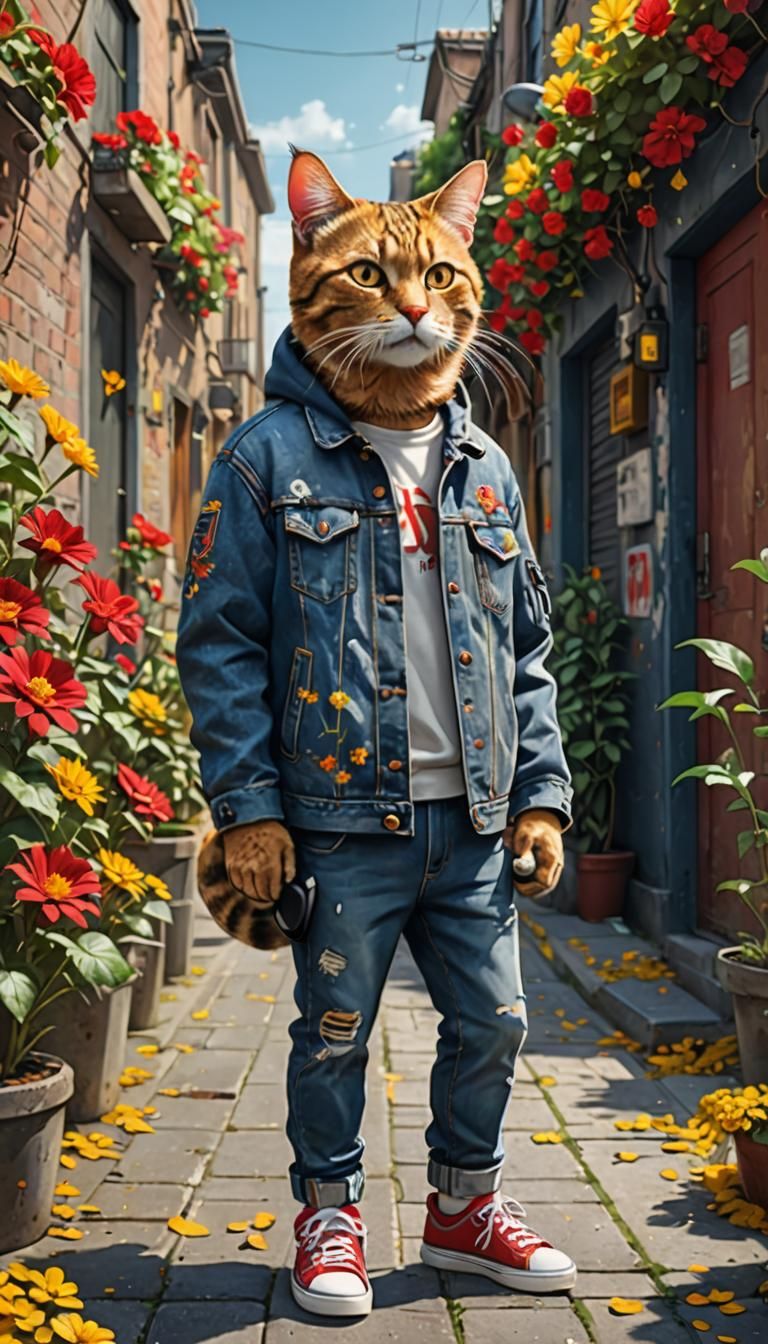 Cat in Denim Jacket with Headphones in Alley