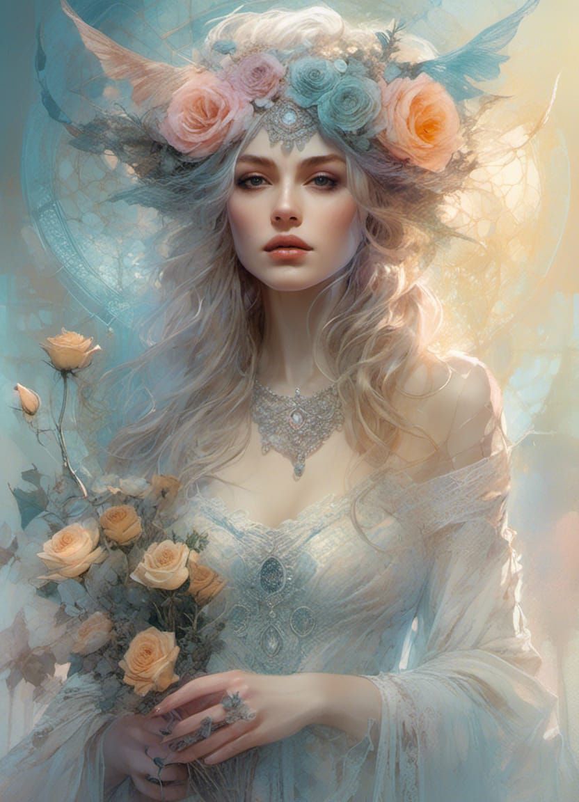 Pastel Witch Bride with Rose, Digital Art