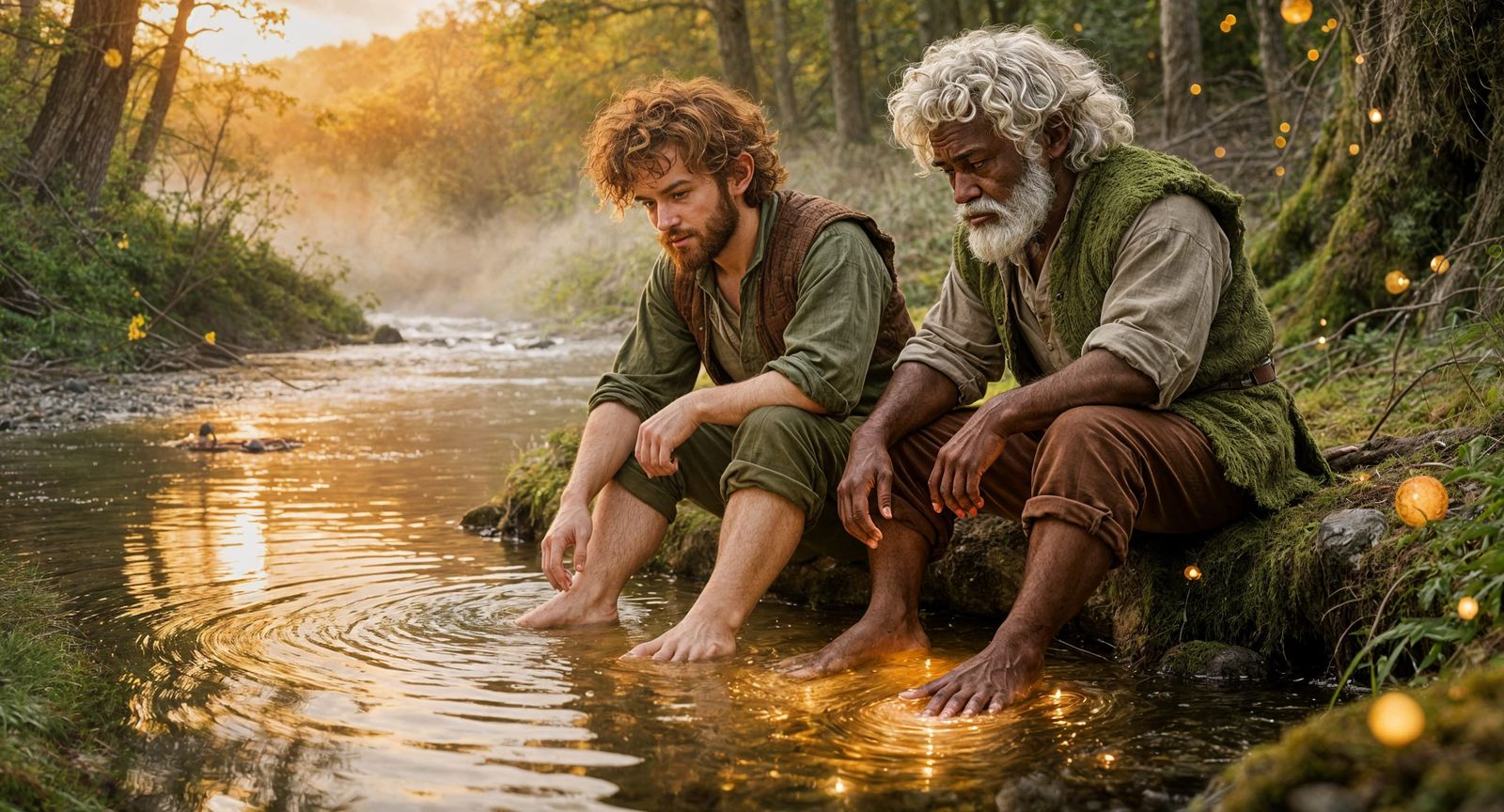 Hobbits Relaxing by Forest River at Golden Sunset