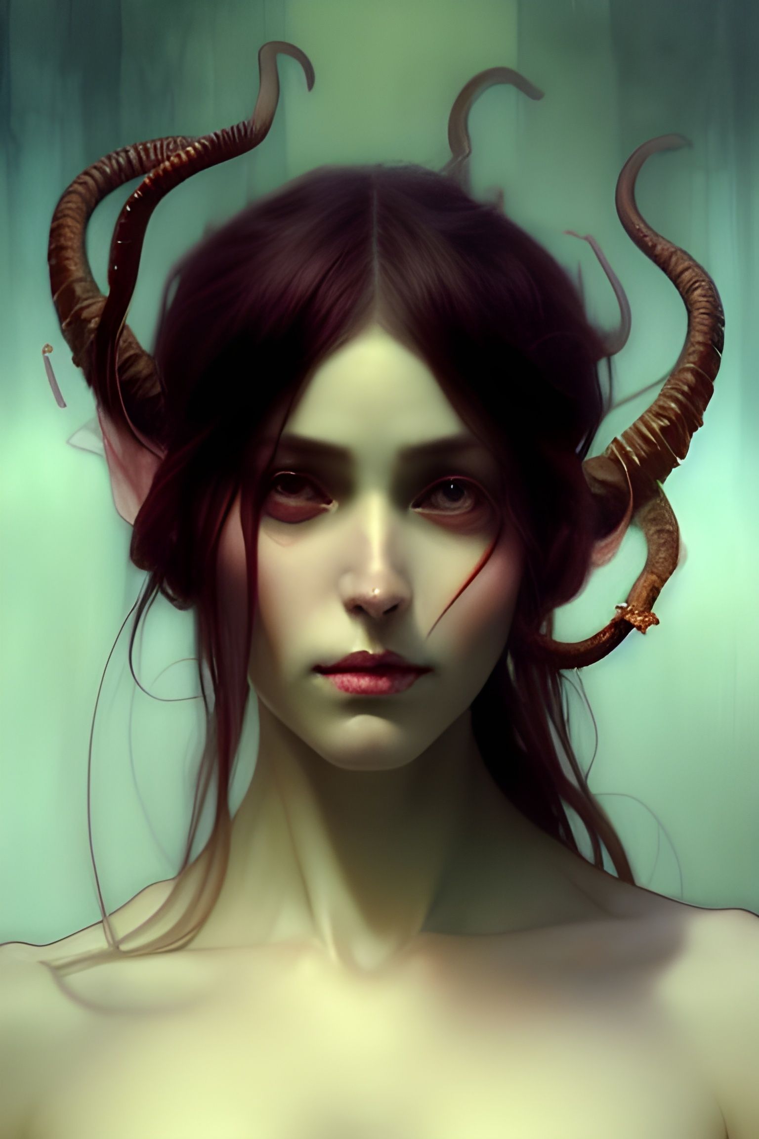 Sinister Succubus Portrait in Watercolor Dark Art Style