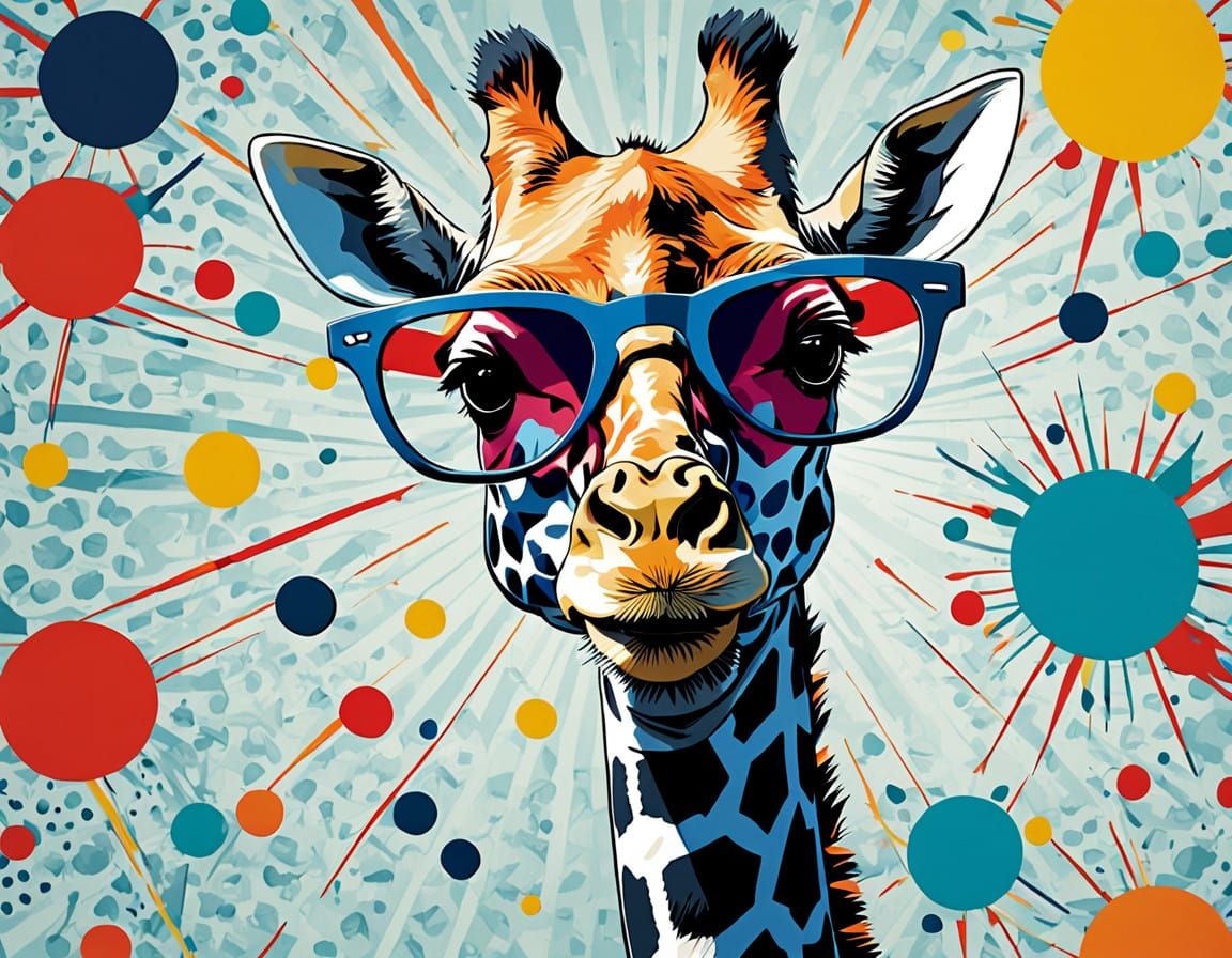 Pop Art style portrait of a giraffe wearing sunglasses, vibrant hues, comic book influence, dynamic composition.