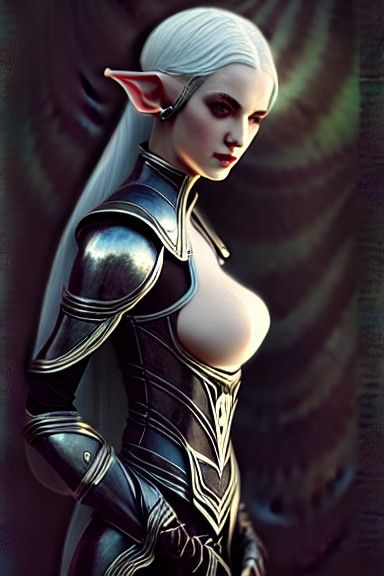 Pale Elf Woman in Black Armor, Gothic Art