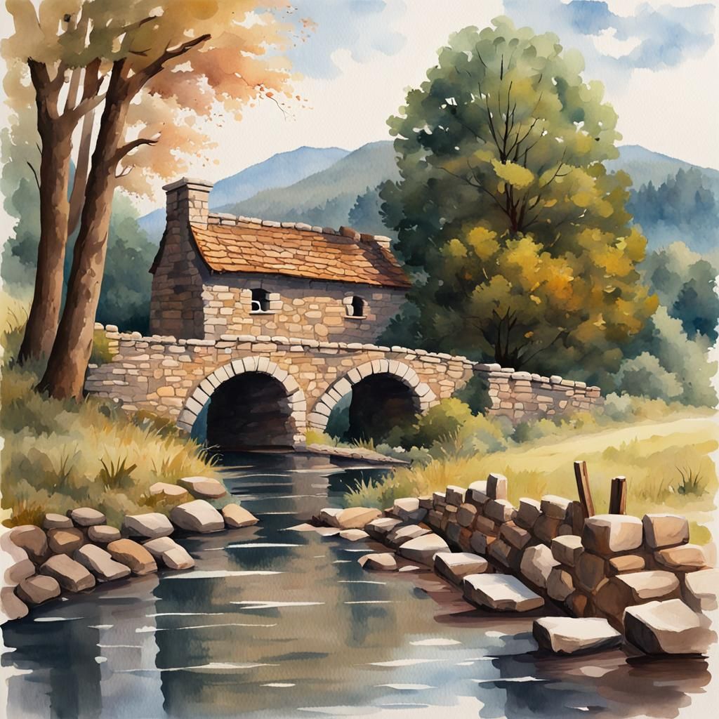 Old Stone House in Loose Watercolor Style