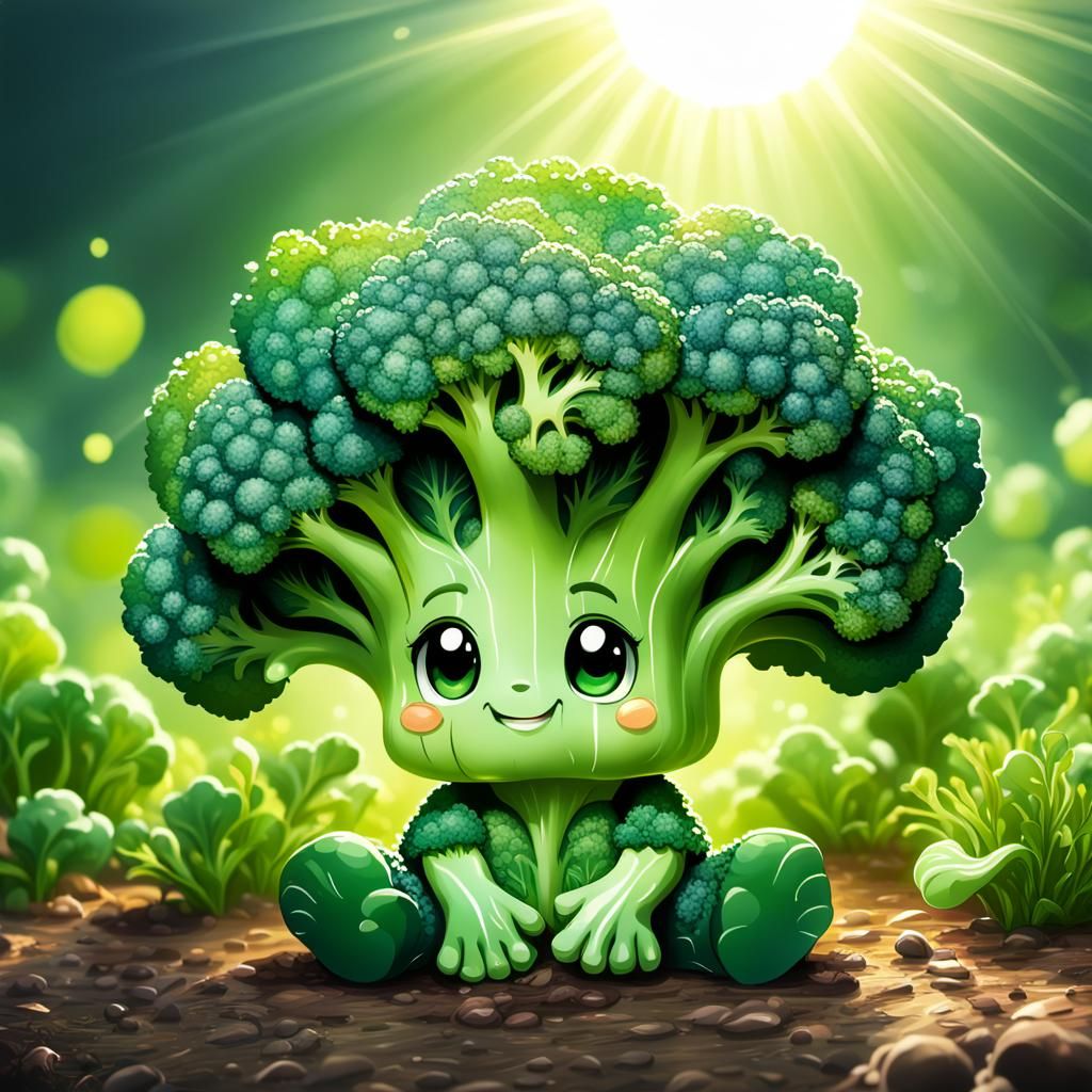 Hyperrealistic Chibi Broccoli Character in Sunlight