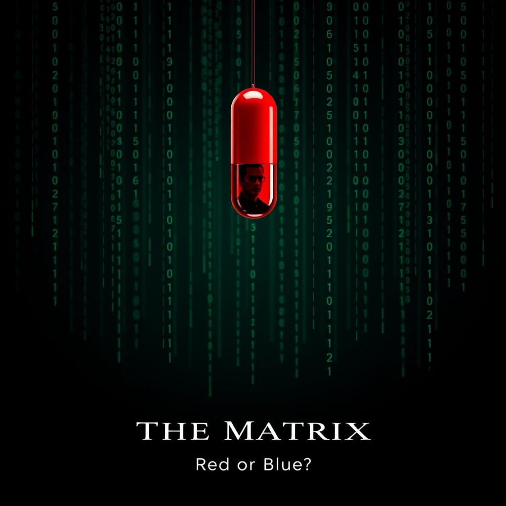 The Matrix Poster: Red Pill Choice in Digital Rain