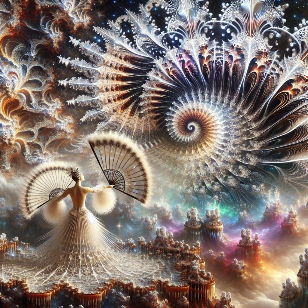 Ethereal Fan Dancer in Surreal Landscape