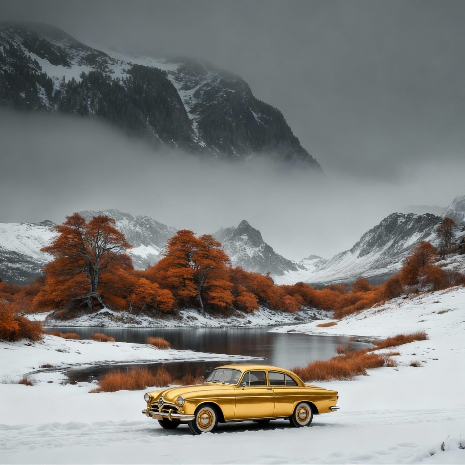 Golden Car in Snowy Winter Landscape