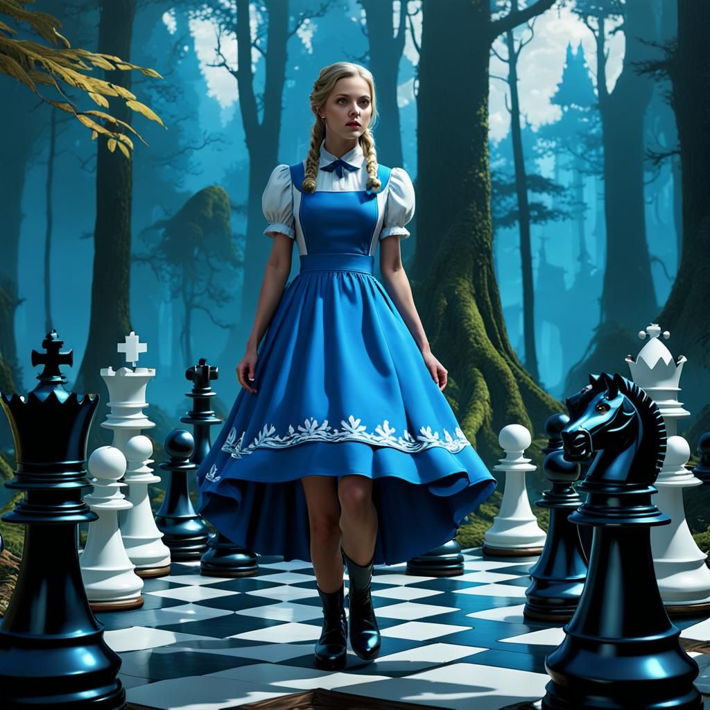 Alice Confronts Chess Knights in Dark Fantasy Style