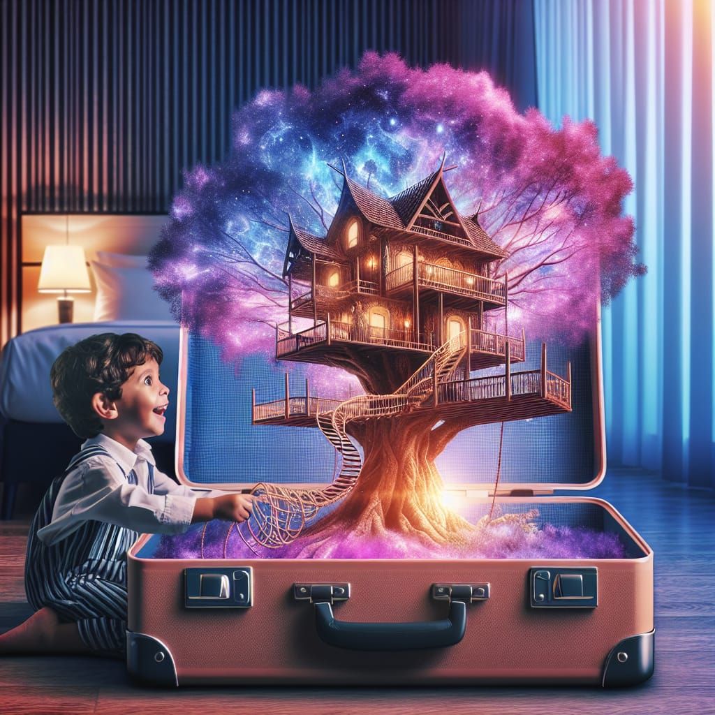 Child's Whimsical Treehouse in Vibrant Synthwave Hues