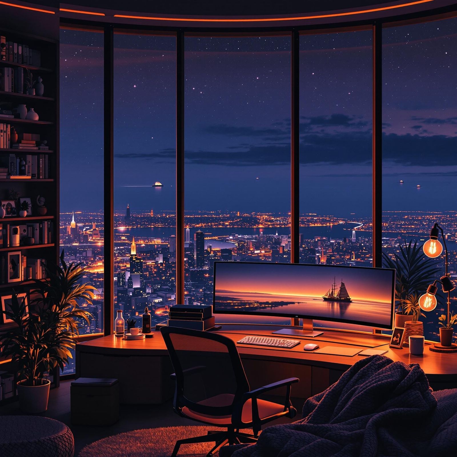 Coastal Metropolis Night View from Skyscraper Room