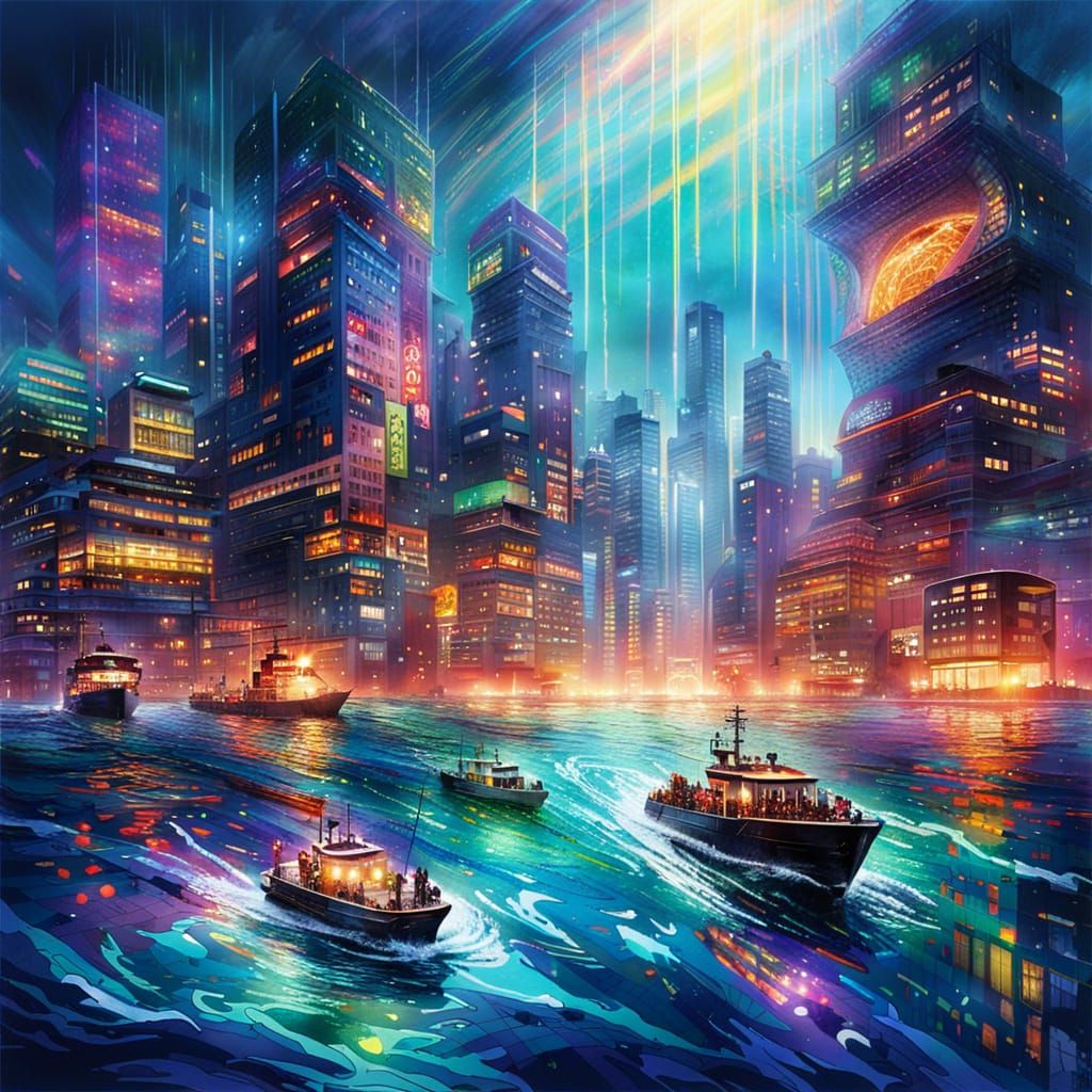 Neon Metropolis Submerged in Orbs, Cyberpunk Style