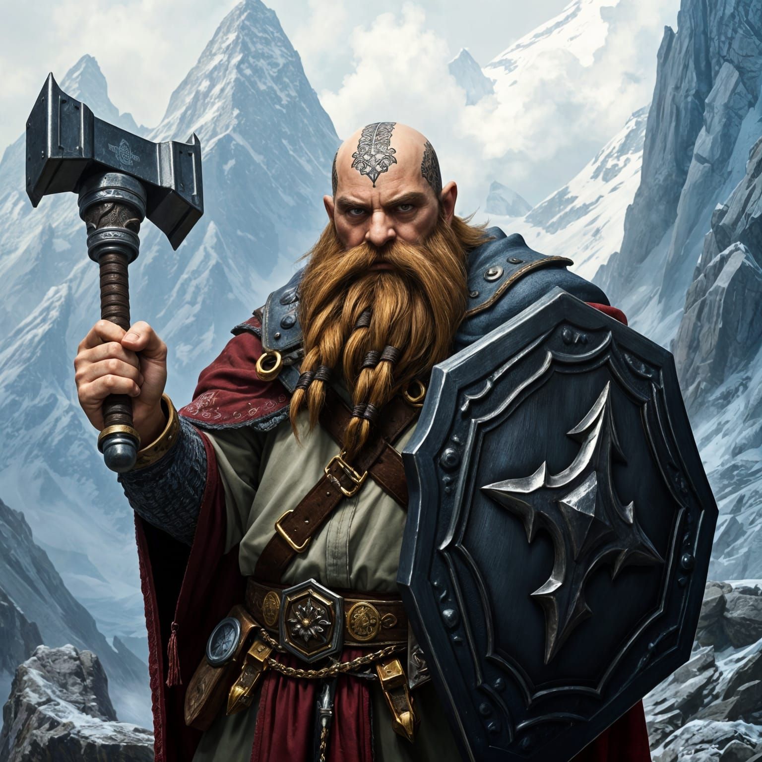 Dwarf Paladin in Mountainous Magical Landscape