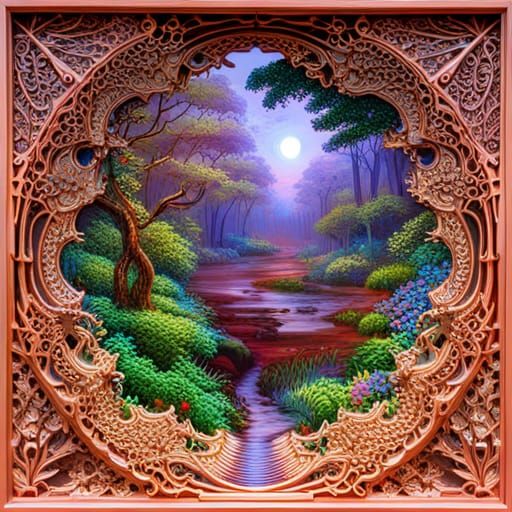 Ornate Window to Lush Forest, Detailed 3D Render