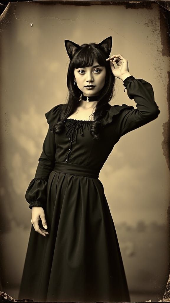 Mexican Woman with Cat Ears in Daguerreotype Style