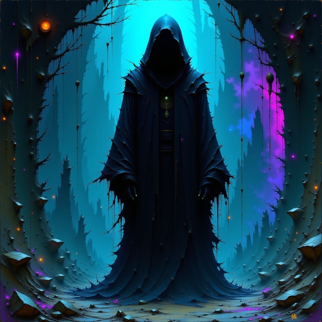 Mystical Hooded Figure in Dark Biomechanical Landscape