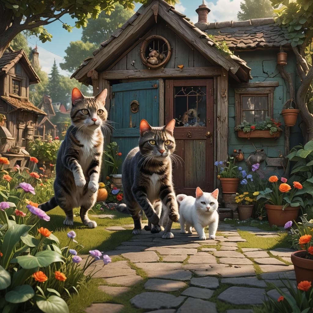 Cats Living as Humans in Garden, Detailed Matte Painting