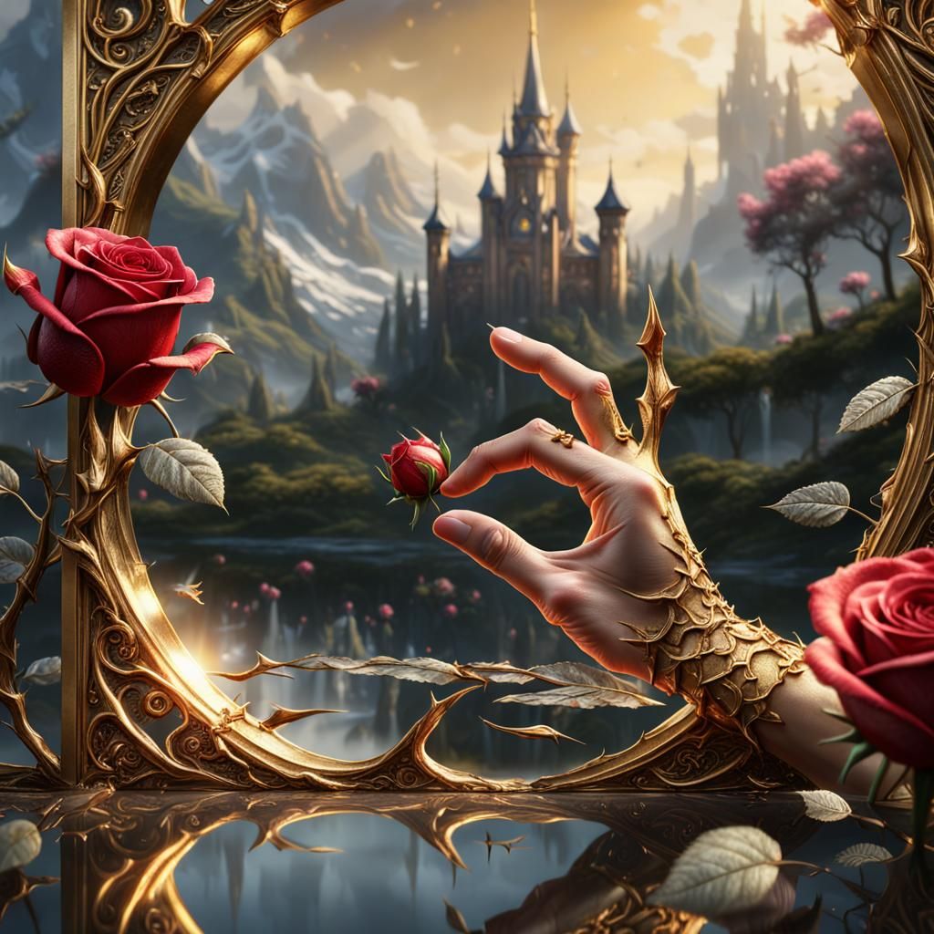 Finger pricked by rose thorn view reflection