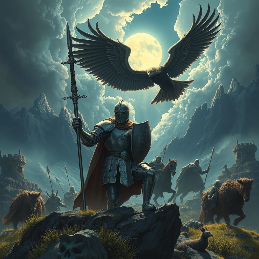 Epic Knight Leads the Band of the Hawk in a Majestic Landsca...