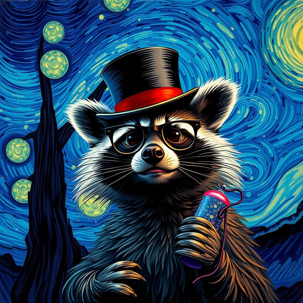 Raccoon in Van Gogh-Inspired New Year's Regalia