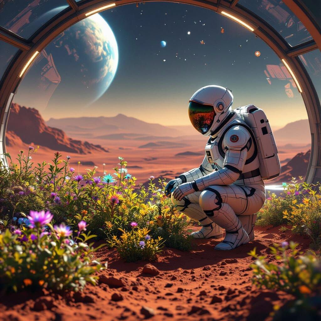 Astronaut's Martian Garden in Hyperrealistic Style