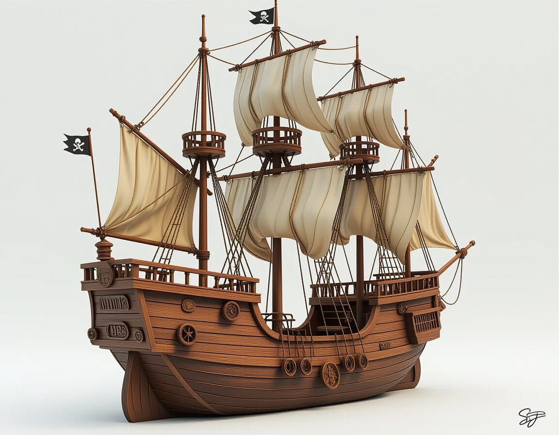 Detailed Wooden Pirate Ship Sculpture