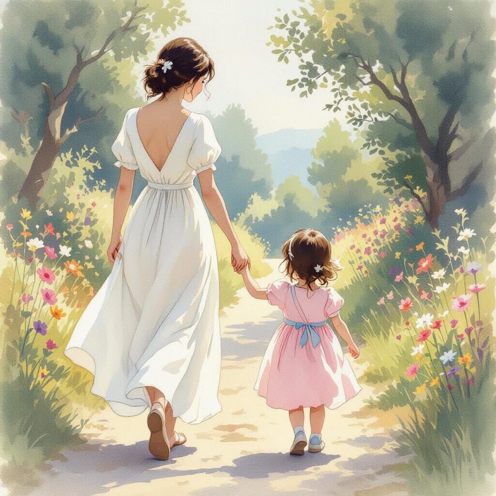 Mother and Daughter Walking, Whimsical Animation Style