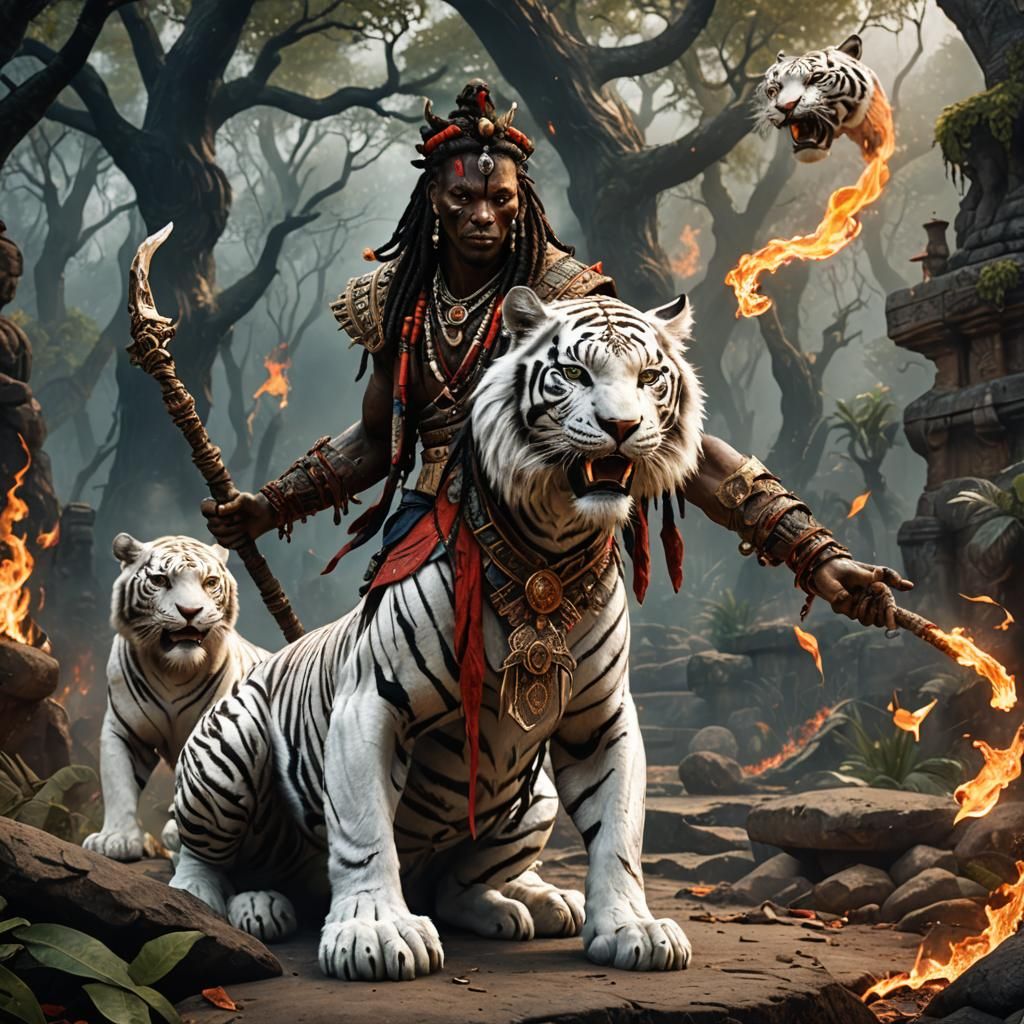 Voodoo Sorcerer and Fiery White Tiger Art