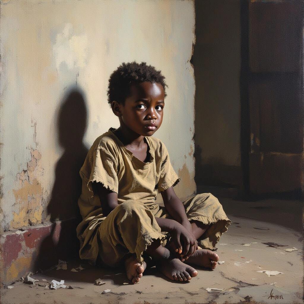 African Orphan Boy in Corner, Expressive Modern Art