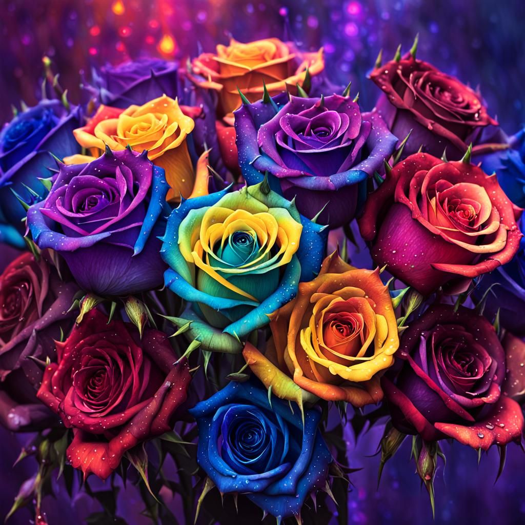 Dark Fantasy Rainbow Roses in Volumetric Lighting