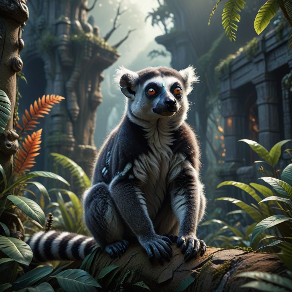 Fantastical Lemur Landscape in Deep Colors