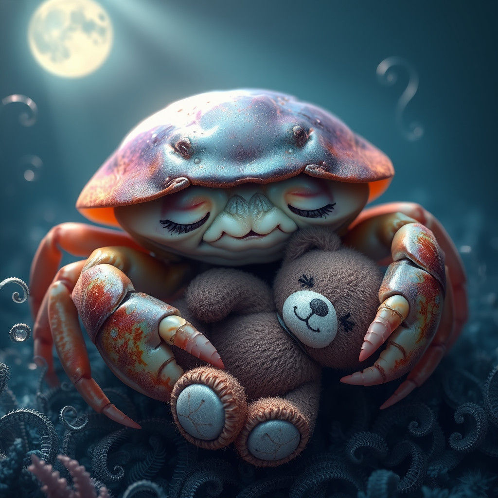 Crab with Teddy Bear in Dreamlike Matte Painting
